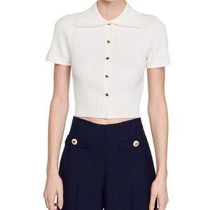 Sandro Paris Fynn White Ribbed Button-Down Shirt